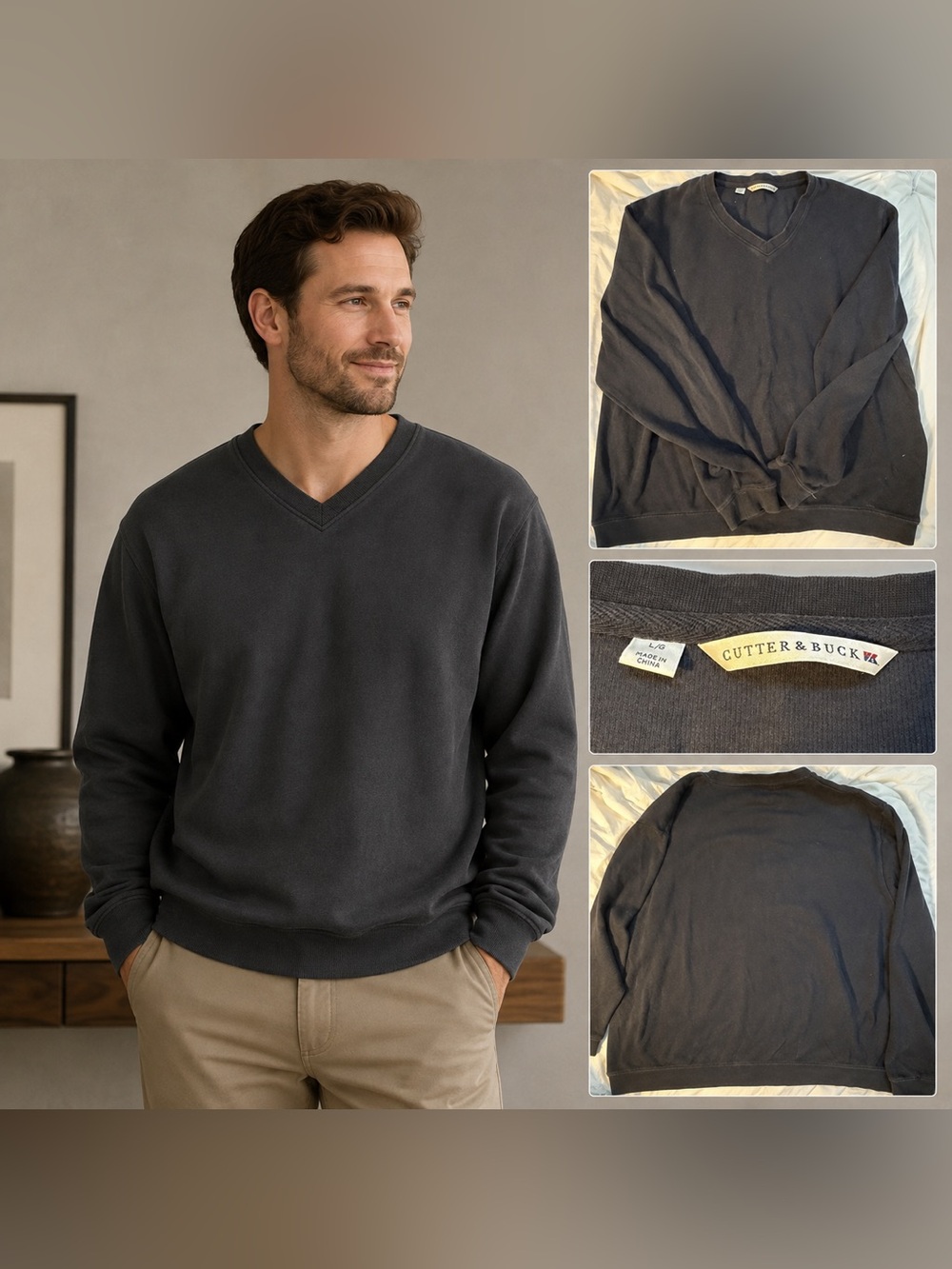 Cutter & Buck Men's L Black V-Neck Sweater - Pullover Golf Casual